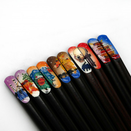 Par de palillos japoneses de madera rojos con dibujo de grulla y tortuga y  la cuchara de resina a juego - TSURUKAME - 22,5 y 19