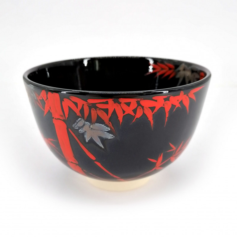 bol japonais noir pour cérémonie du thé en céramique, NINSEI, bambou rouge