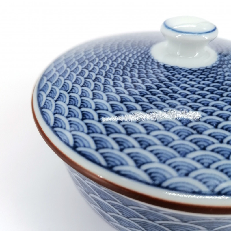 Tazza da tè giapponese con coperchio Chawanmushi, blu SEIGAIHA onde