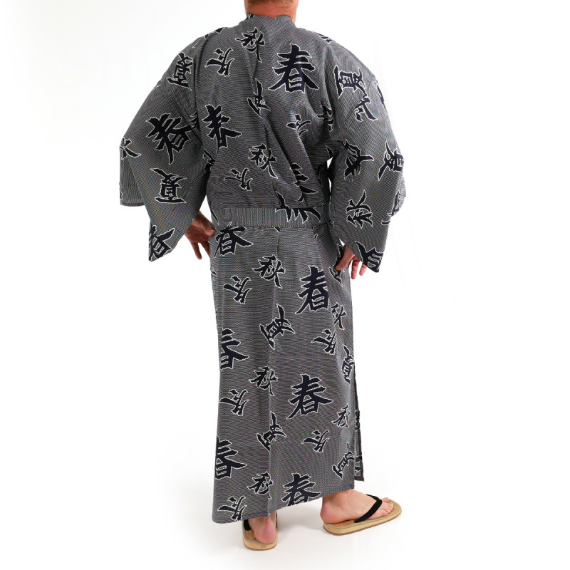 giapponese yukata kimono di cotone grigio-blu, SHIKI, kanji quattro stagioni