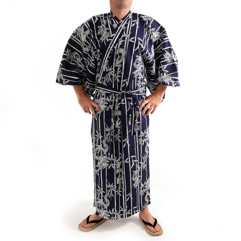 yukata kimono japonés algodón azul, RYÛTAKE, bambú y dragón