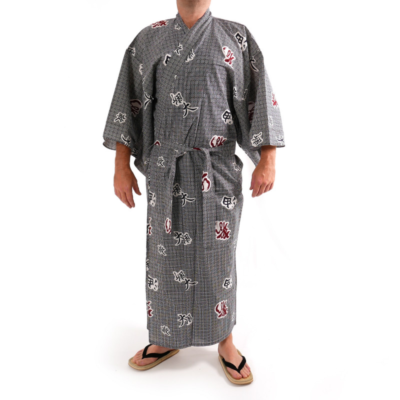 Kimono de algodón yukata japonés azul gris, KANJI