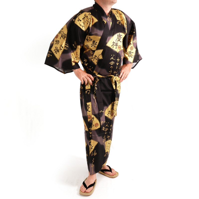 kimono nero giapponese per gli uomini, SENSU, fan d''oro'