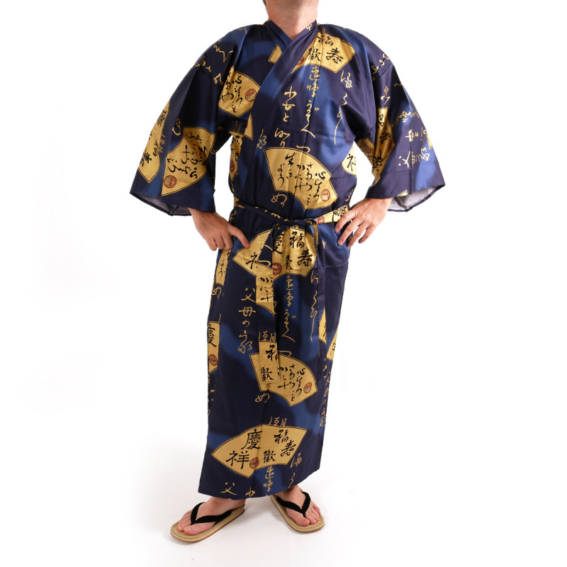 Japanese traditional blue kimono in cotton sateen gold folding fans for men