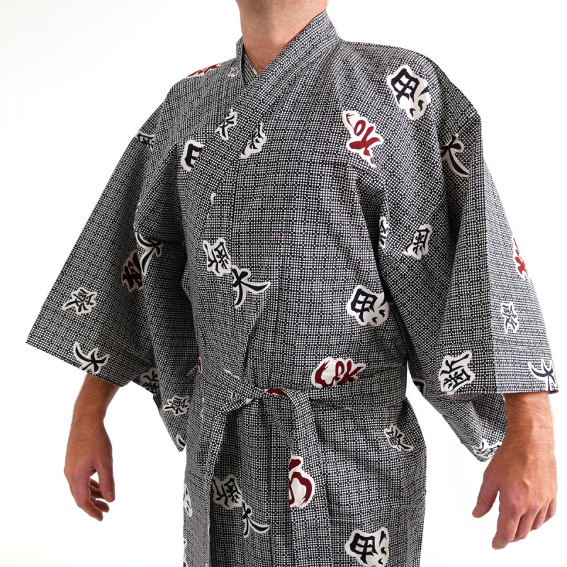 japanischer herren blau-grauer yukata – Kimono, KANJI