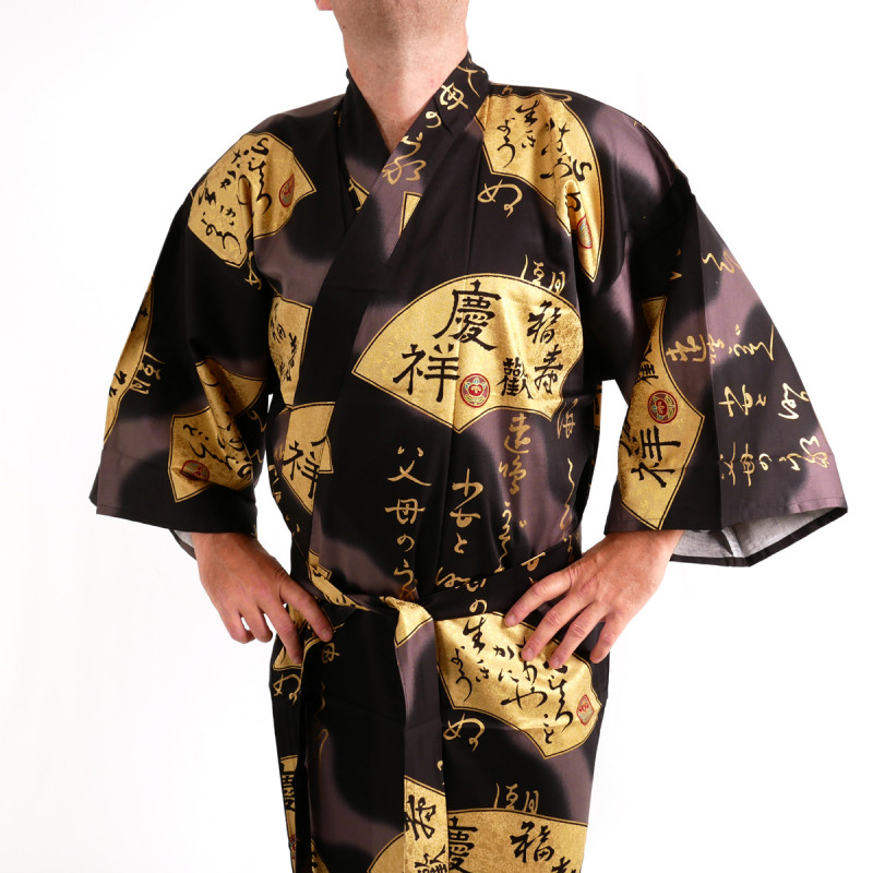 Kimono noir traditionnel japonais pour homme eventails en or coton satin