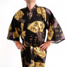 Japanese traditional black kimono in cotton sateen gold folding fans for men