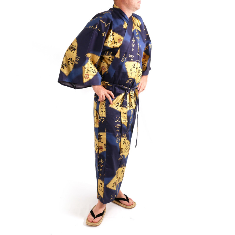 Kimono azul japonés para hombre, SENSU, abanicos de oro