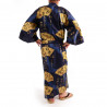 Japanese traditional blue kimono in cotton sateen gold folding fans for men