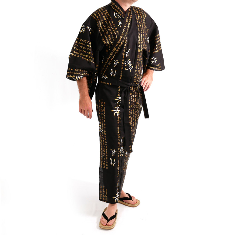 kimono yukata giapponese nero  in cotone, HIDEYOSHI, kanji hideyoshi generale
