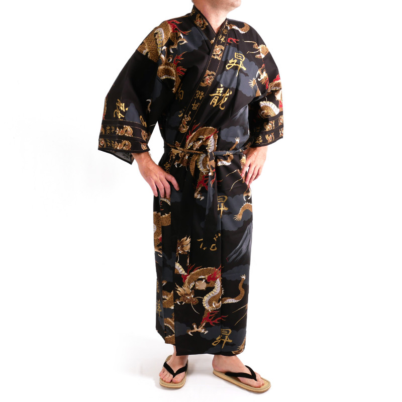 Japanese traditional black cotton yukata kimono dragon and mont fuji for men