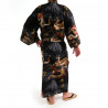 kimono yukata giapponese nero  in cotone, FUJIRYÛ, drago e monte fuji