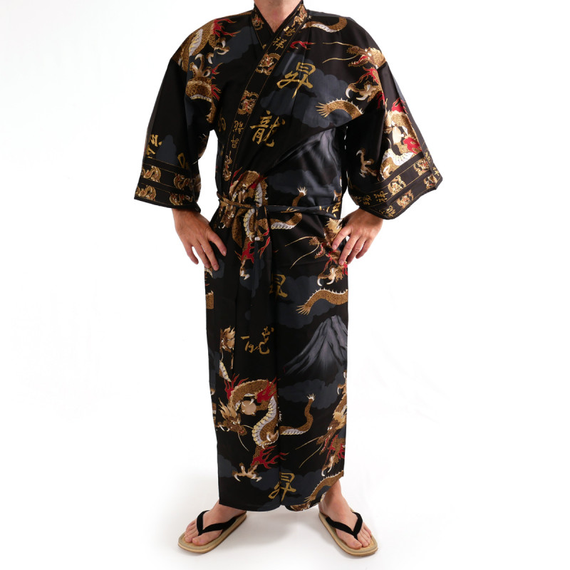 kimono yukata giapponese nero  in cotone, FUJIRYÛ, drago e monte fuji