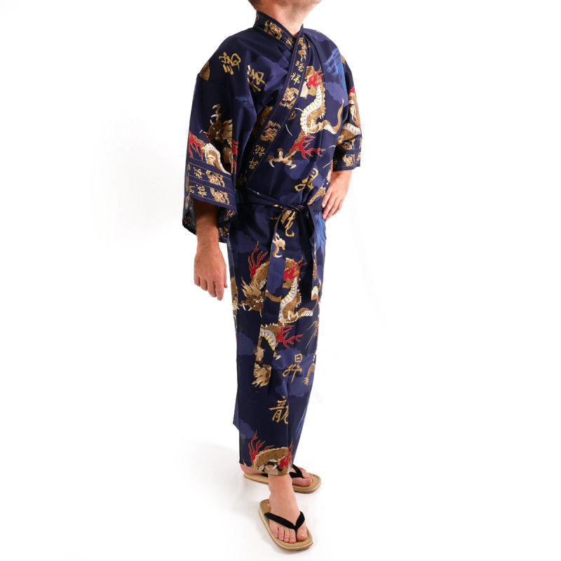 kimono yukata traditionnel japonais bleu en coton dragon et mont fuji pour homme