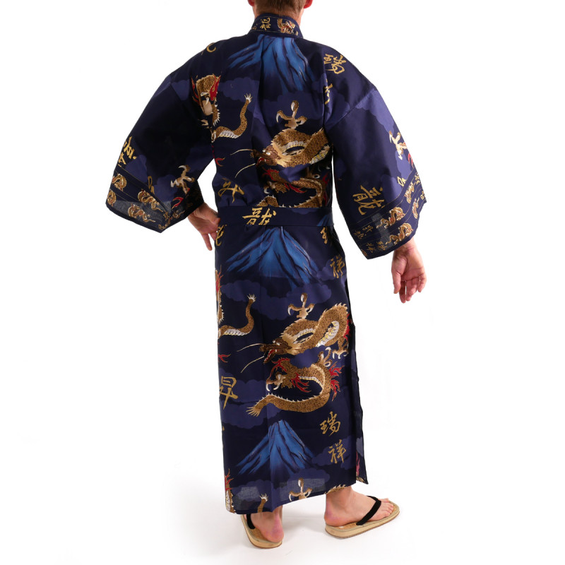 kimono yukata giapponese blu in cotone, FUJIRYÛ, drago e monte fuji