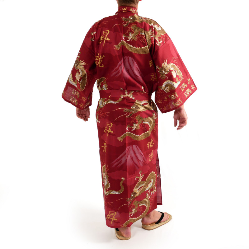 giapponese rosso yukata kimono in cotone, FUJIRYÛ, Drago e il monte Fuji