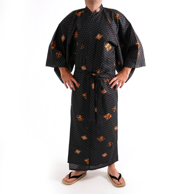 kimono yukata giapponese nero  in cotone, DIAMOND, diamante e kanji