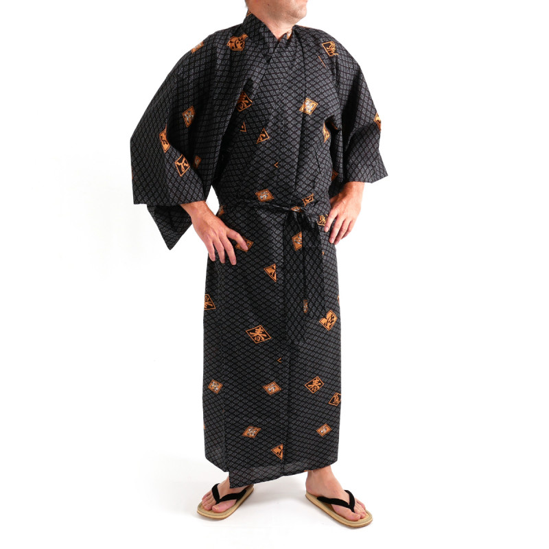 Kimono yukata japonés en algodón negro, DIAMOND, diamante y kanji