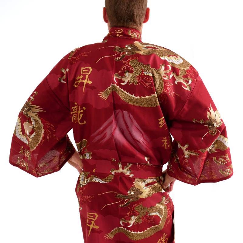 Kimono de algodón rojo japonés yukata, FUJIRYÛ, Dragpn y el monte Fuji