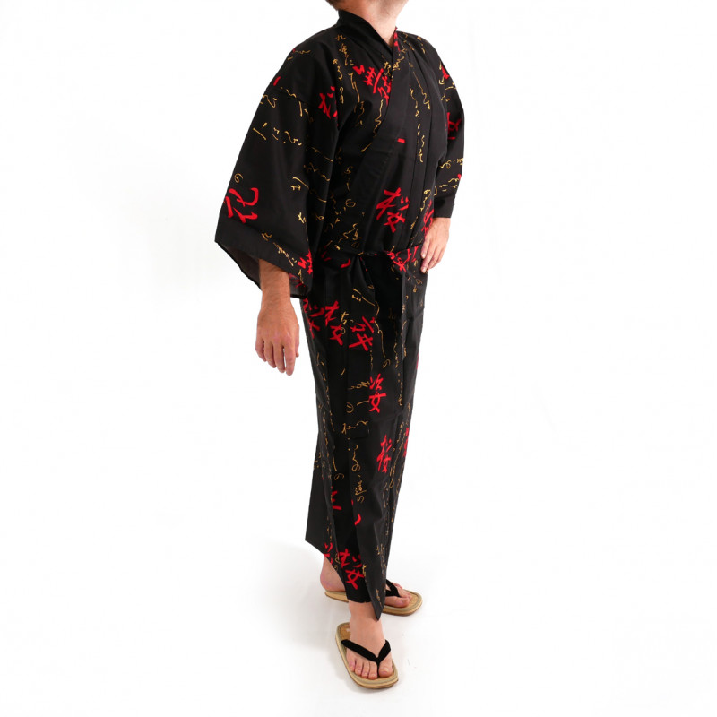 Kimono yukata japonés en algodón negro, AKAKANJI, bailando caracteres kanji