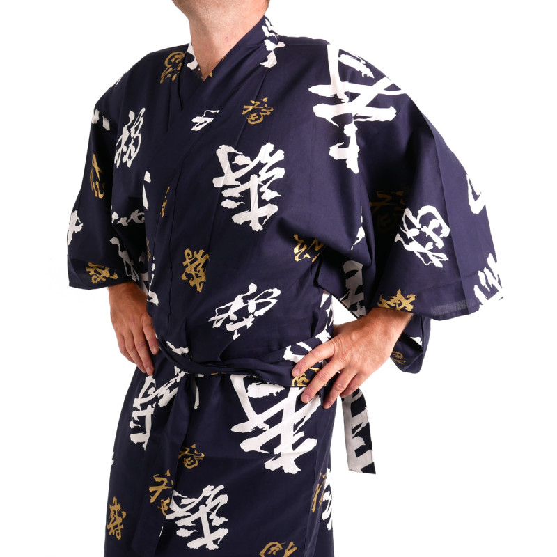 japanischer herren blauer Yukata – Kimono, CHÔJU, Kanji glückliche Langlebigkeit