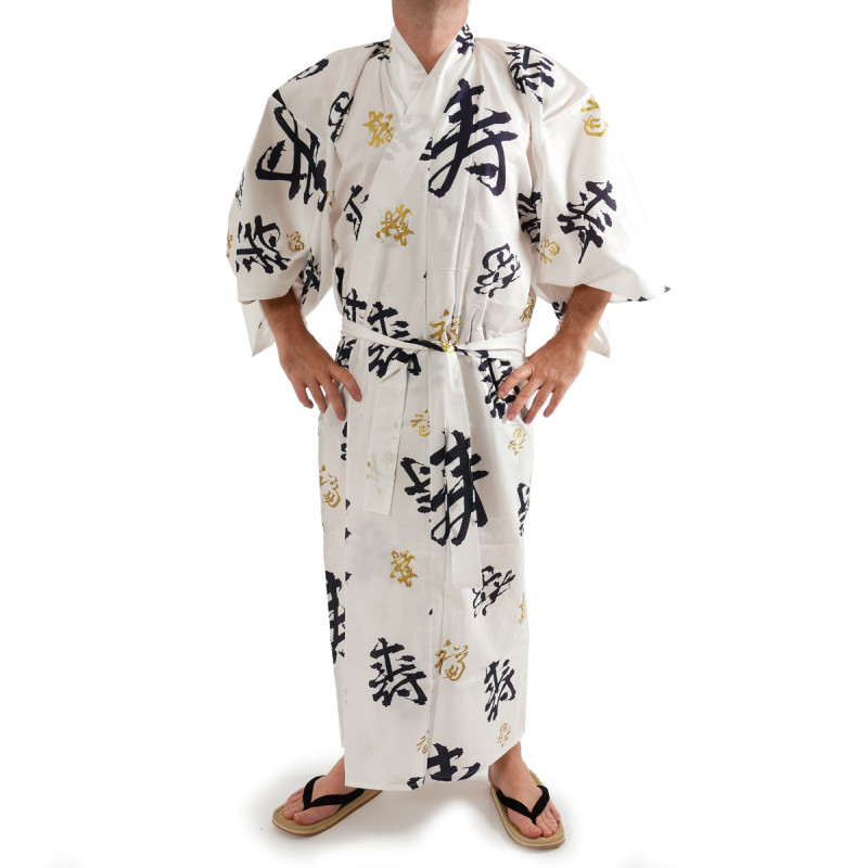 japanischer Herren yukata Kimono – weißer, CHÔJU, Kanji glückliche Langlebigkeit