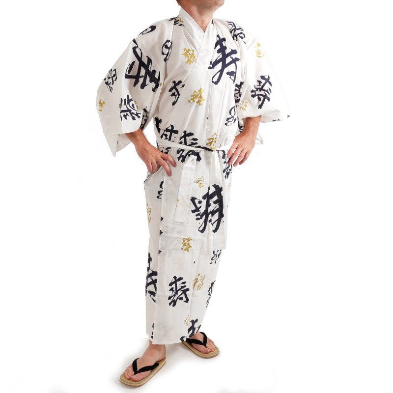 Kimono de algodón blanco japonés yukata, CHÔJU, kanji feliz longevidad