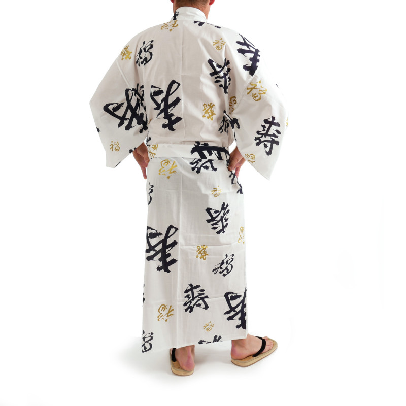 kimono yukata traditionnel japonais blanc en coton kanji heureuse longévité pour homme