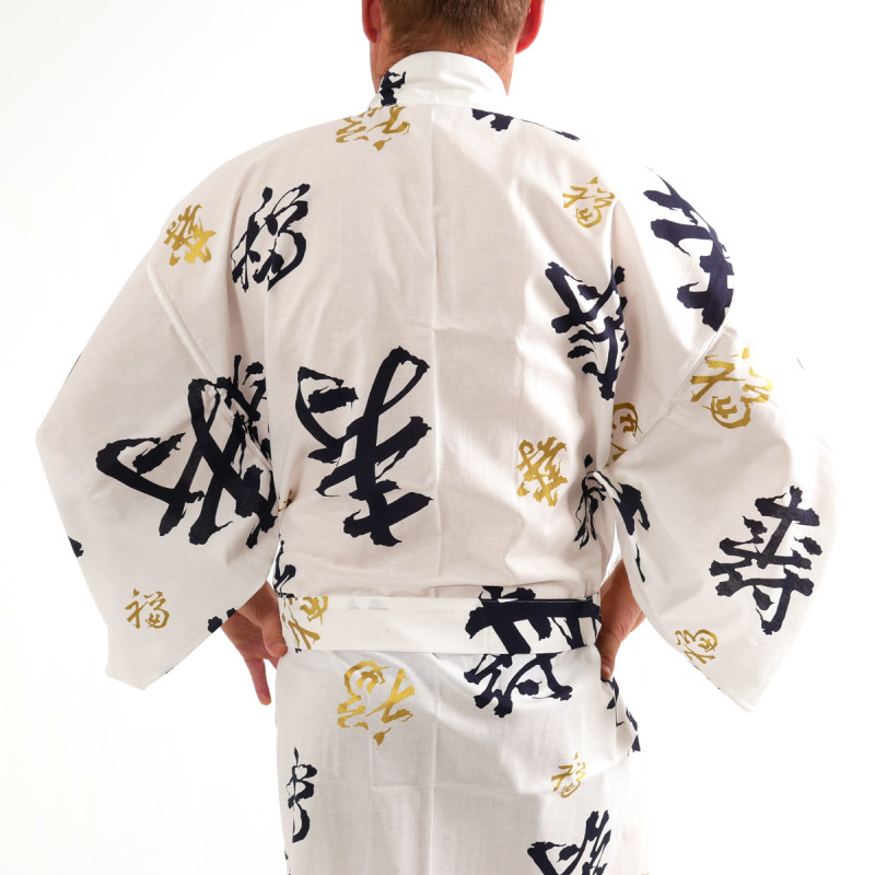 kimono yukata giapponese bianco in cotone, CHÔJU, kanji felice longevità