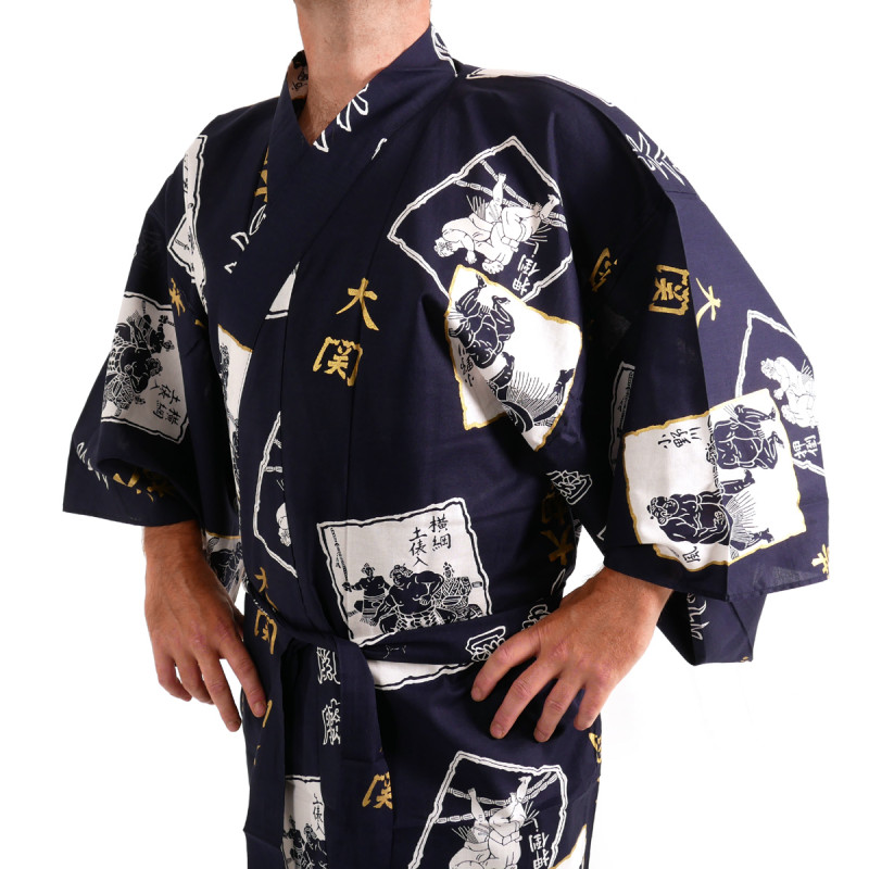 Japanese traditional blue navy cotton yukata kimono sumo wrestler and kanji for men