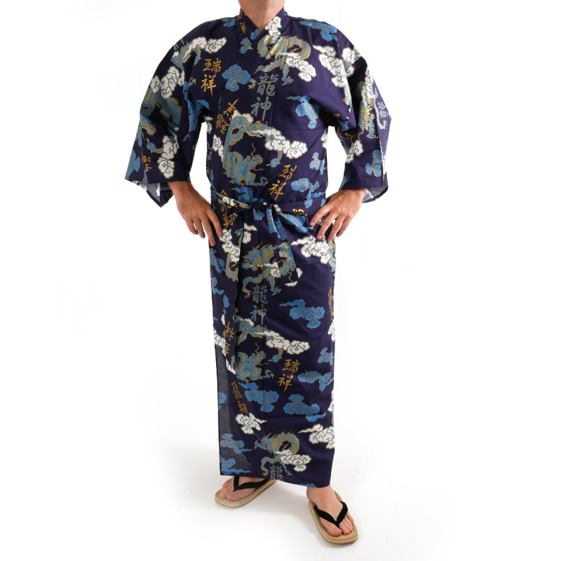 japanischer herren blauer Yukata – Kimono, KUMORYÛ, Drachen, Wolken und Kanji