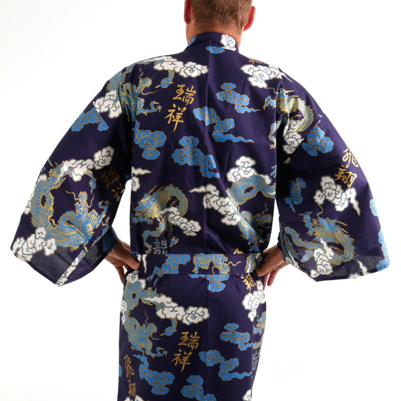 yukata kimono japonés algodón azul, KUMORYÛ, dragones, nubes y kanji