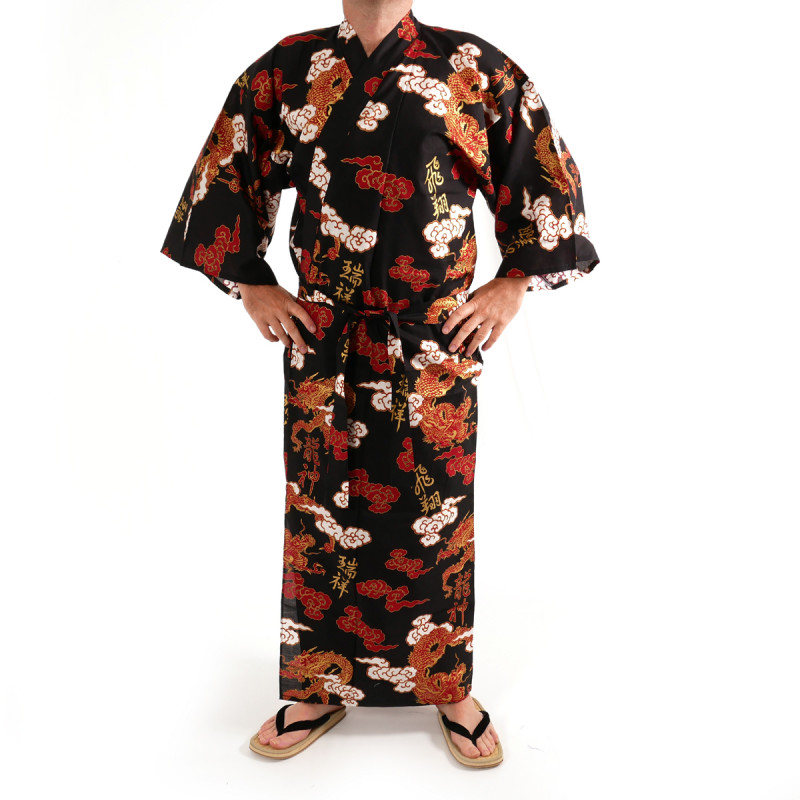 Japanese traditional red cotton yukata kimono dragon cloud and kanji for men