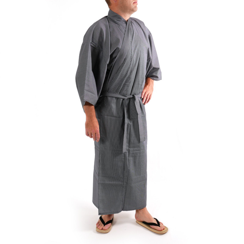 Japanese traditional blue navy gray cotton yukata kimono stripe for men