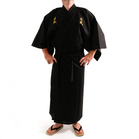 Kimono negro japonés para hombre., SENSU, abanicos de oro