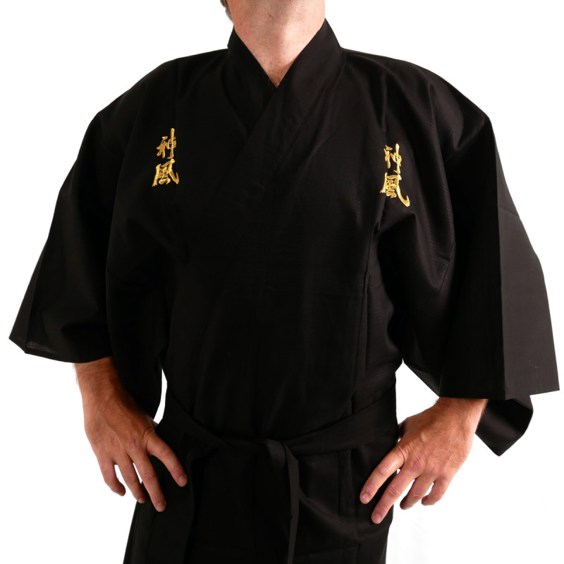 Japanese black kimono in cotton shantung kamikaze kanji for men