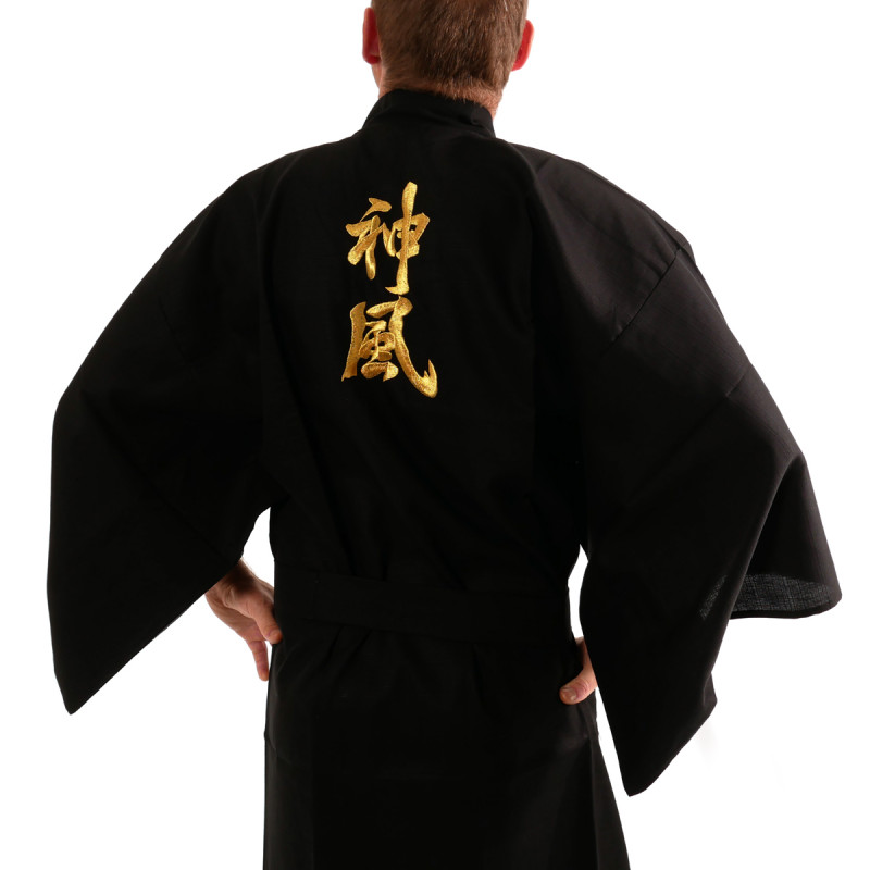 Japanese black kimono in cotton shantung kamikaze kanji for men