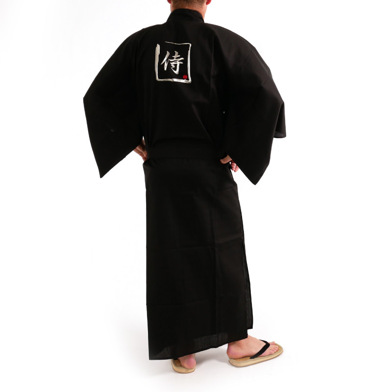 Japanese black kimono in cotton shantung samuraï kanji for men