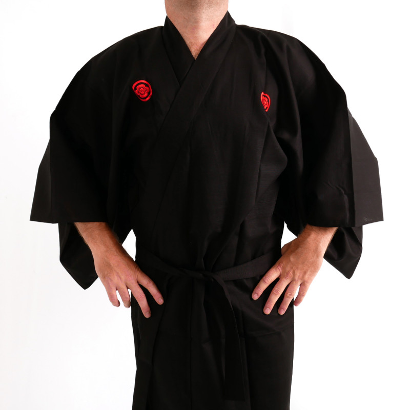 Kimono japonés negro en algodón fino, SAMURAI, kanji