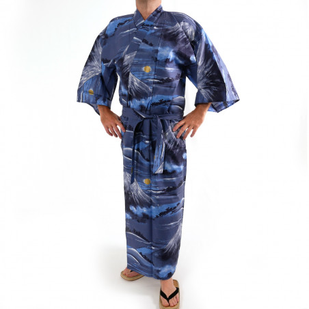 yukata kimono japonés algodón azul, FUJI, Monte fuji