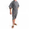 Kimono jinbei de algodón azul gris, KANJI, kanji alegría y auspicioso