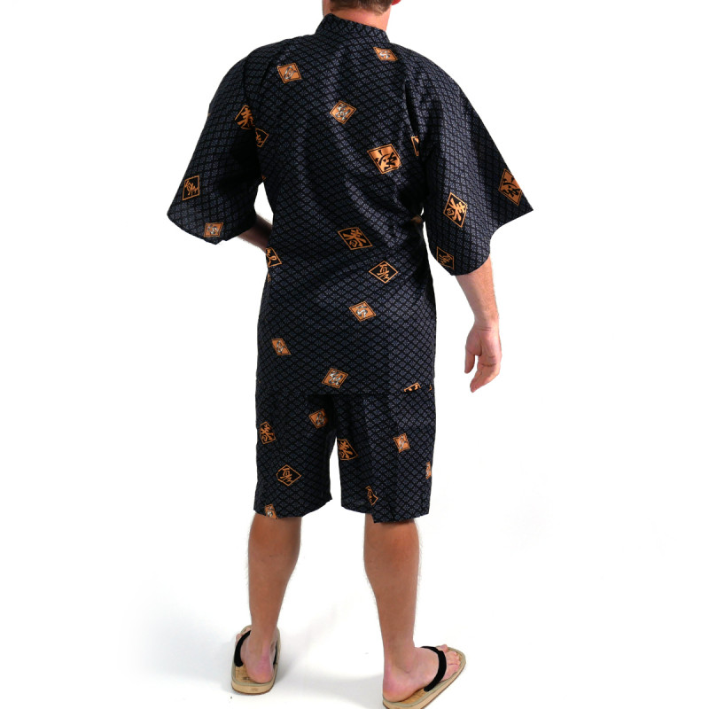 Kimono japonés Jinbei en algodón negro, DIAMOND, diamante y kanji