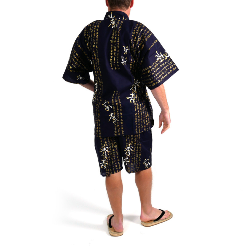 kimono jinbei traditionnel japonais bleu en coton kanji général hideyoshi pour homme