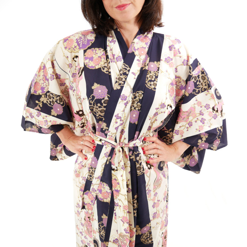 Japanese traditional blue navy cotton yukata kimono geisha beauty on stripe for ladies
