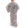 japanischer Yukata Kimono aus schwarzer Baumwolle, SAKURAGUMO, Kirschblüten auf Wolkenmuster