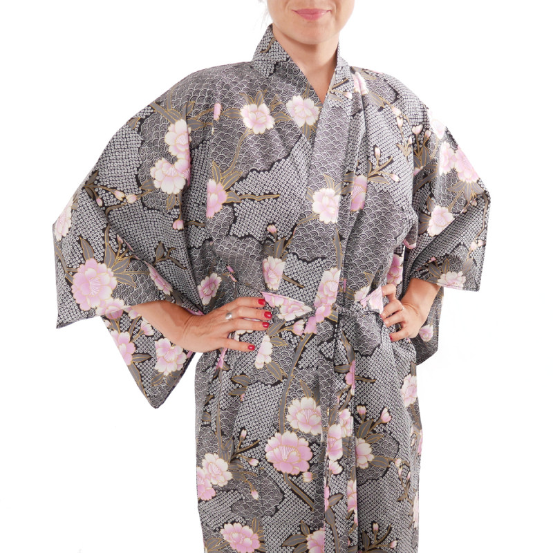 kimono yukata traditionnel japonais noir en coton fleurs de cerisiers sakura sur motifs nuages pour femme