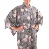 yukata japonés kimono algodón negro, SAKURAGUMO, flores de cerezo en los patrones de nubes