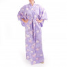 Kimono Yukata Púrpura Japonés En Algodón, SAKURAGUMO, flores de cerezo y nubes