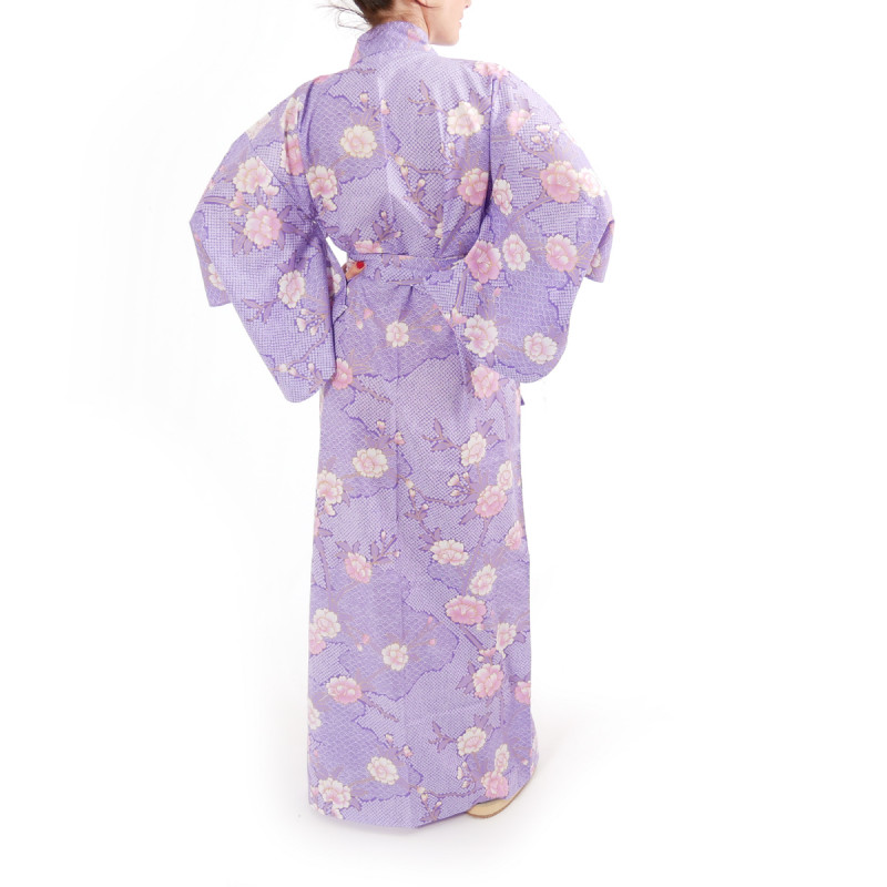 lila japanischer Yukata Kimono aus Baumwolle, SAKURAGUMO, Kirschblüten und -wolken