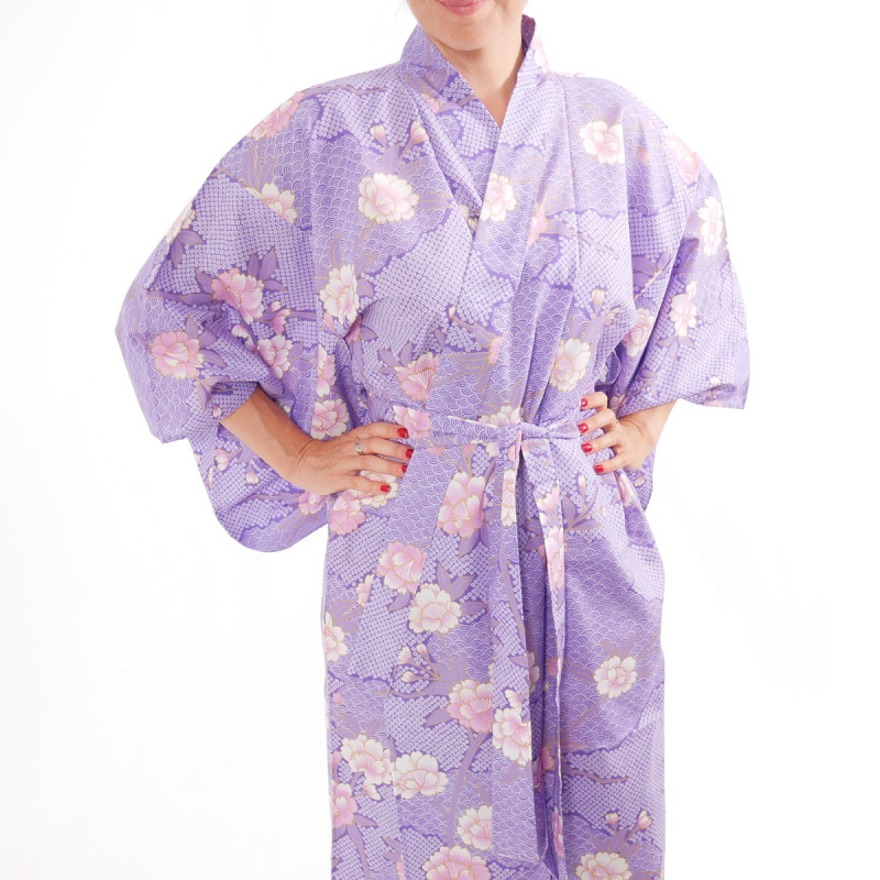 Japanese traditional purple cotton yukata kimono sakura flowers on cloud pattern for ladies